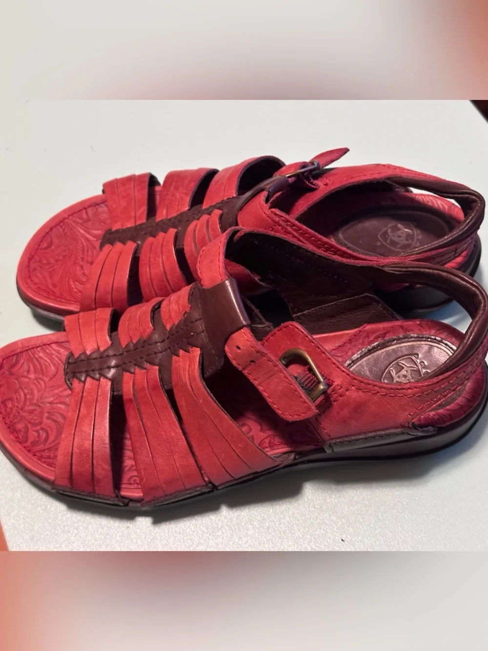 Ariat Red Leather  Open Toe Buckle Strap Sandals Womens 7 Cushion Western new